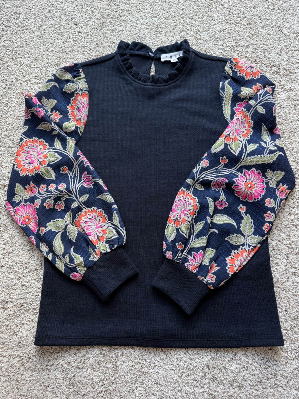THML Sz XS Navy Floral Puff Sleeve Rib Knit Top Mock Neck Boho Cottagecore - Picture 4 of 11